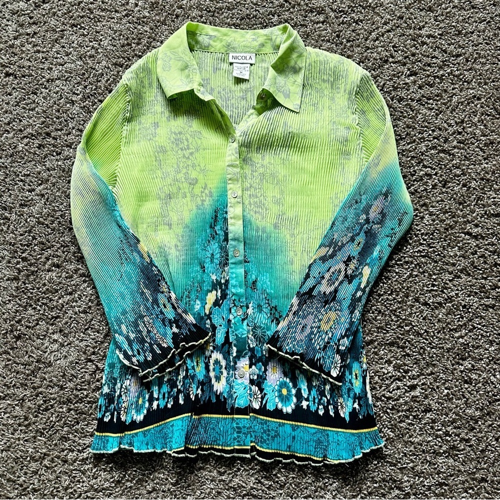 2000s Y2K Nicola Blue Green Floral Ombré Blouse & Tank Set Size M